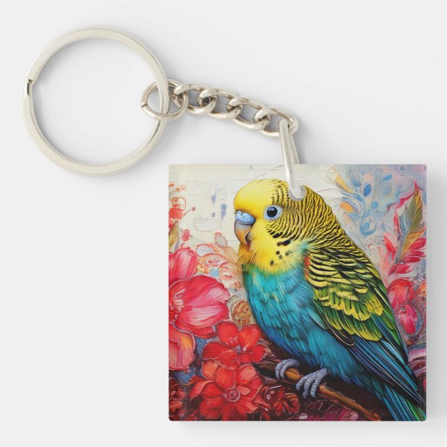 Blue Parakeet with Flowers Key Ring (Front)