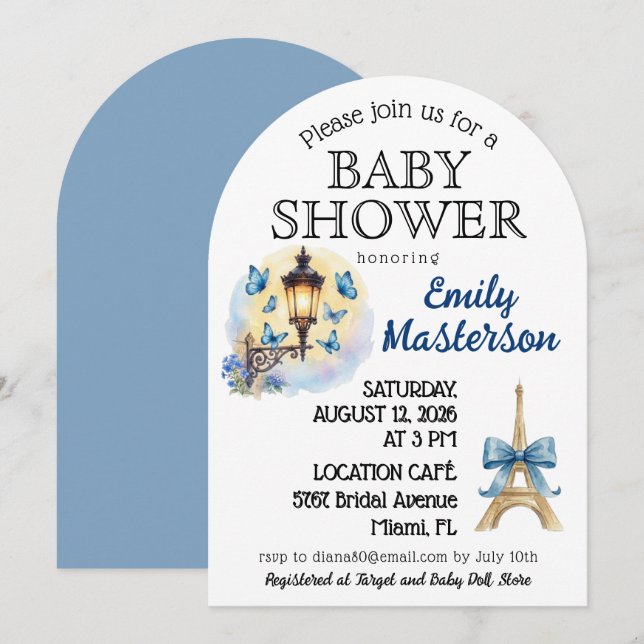 Blue, Parisian, Boy Baby Shower Invitation (Front/Back)