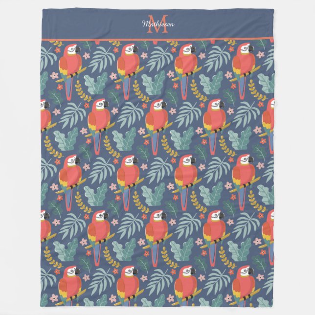 Blue Parrot Land Tropical Pattern Monogram Fleece Blanket (Front)