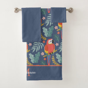 Blue Parrot Tropical Monogram Solid Blue Bath Towel Set