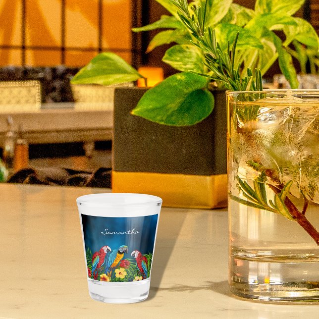 Blue parrots birds leaves name shot glass (Creator Uploaded)