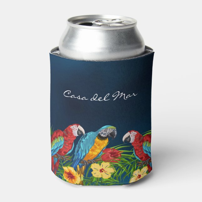 Blue parrots birds leaves summer house name can cooler (Can Front)