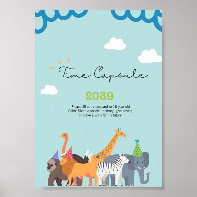 Blue Party Animal Birthday Time Capsule Sign (Front)