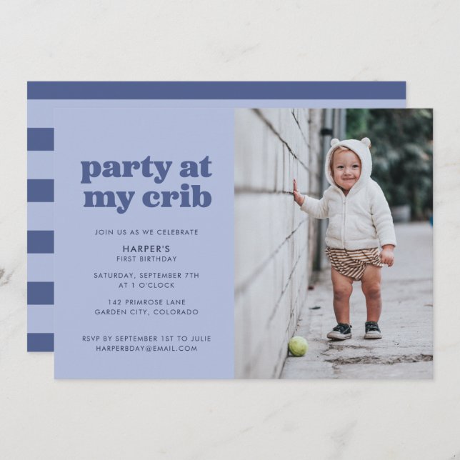 Blue Party at My Crib 1st Birthday Party Invitation (Front/Back)
