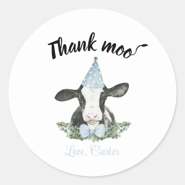 Blue Party hat cow with Cow Print Invitation  Classic Round Sticker (Front)
