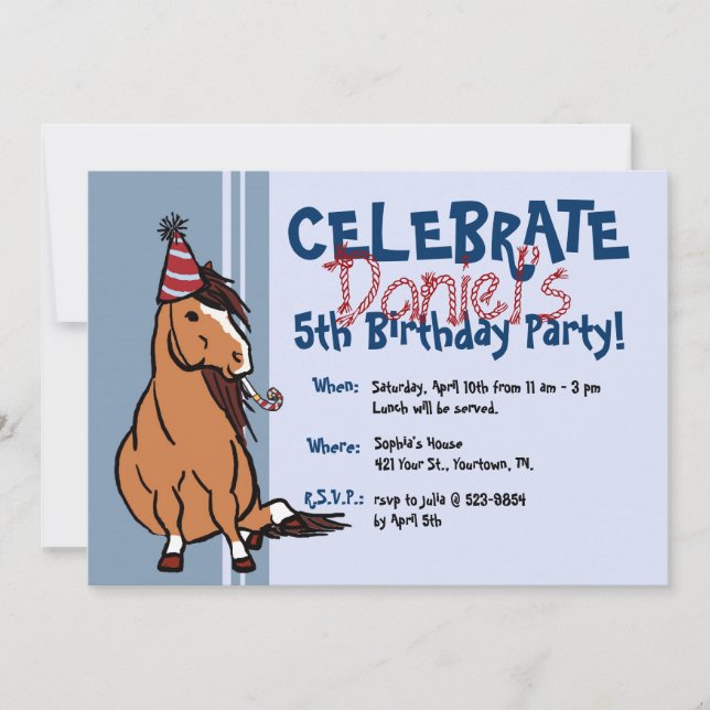 Blue Party Pony Boys 5th Birthday Invitation (Front)