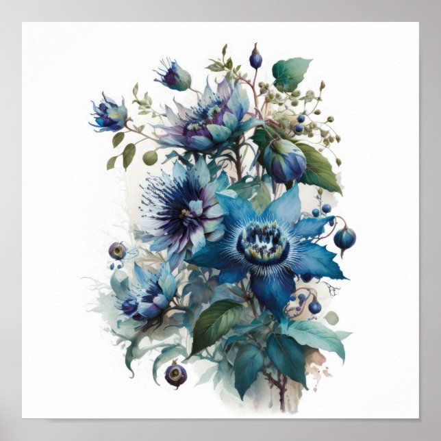 Blue Passion Flower Art Print Poster (Front)
