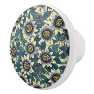 Blue Passion Flower pattern Ceramic Knob