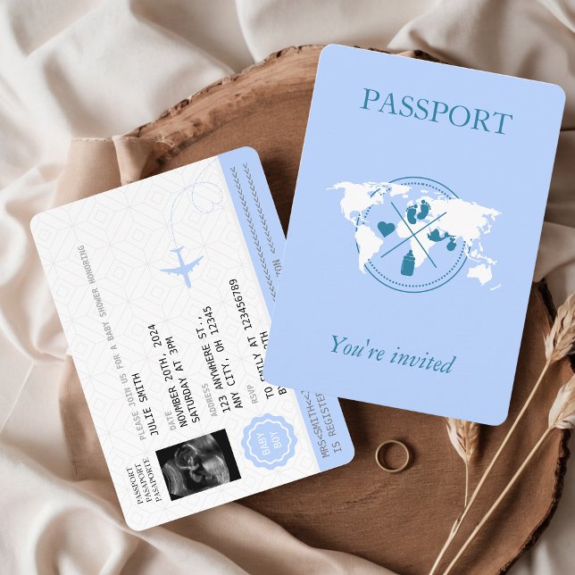 Blue Passport Travel Boy Baby Shower World Map Invitation (Passport Baby Shower Invitation Baby Boy Blue Ultrasound Photo Aesthetic Travel Adventure Beigins)