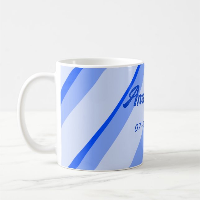Blue pastel add name date boho retro lines pattern coffee mug (Left)