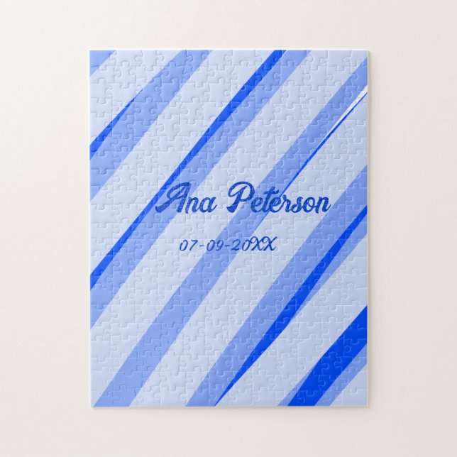 Blue pastel add name date boho retro lines pattern jigsaw puzzle (Vertical)