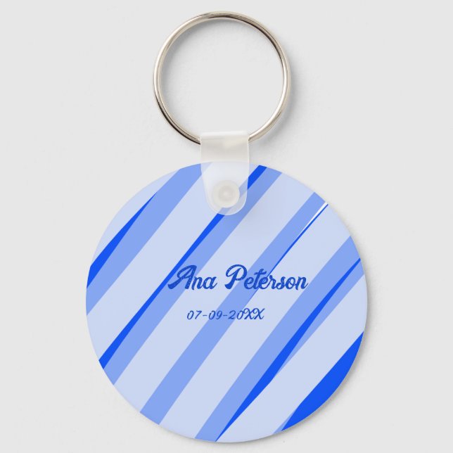Blue pastel add name date boho retro lines pattern key ring (Front)