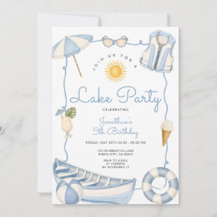 Blue Pastel Boy Lake Party Summer Birthday Themed Invitation