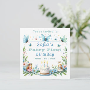 Blue Pastel Butterfly Fairy First Birthday - Invitation