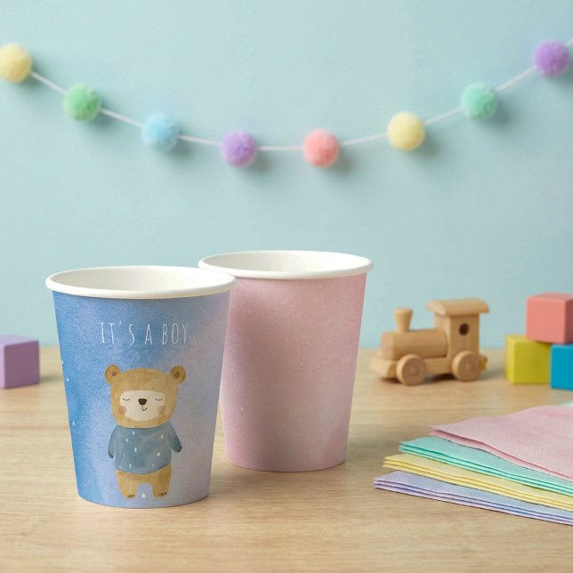Blue pastel cute bear it's a boy paper cups (Blue pastel cute bear it's a boy paper cups.)