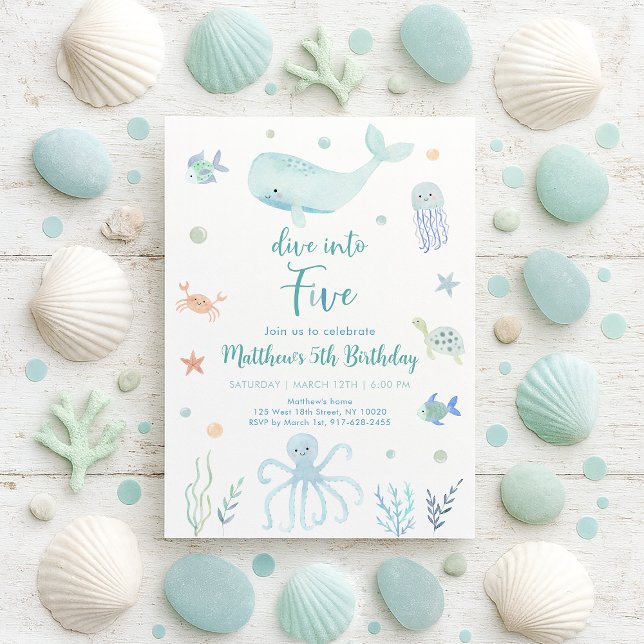 Blue Pastel Dive into Five Under the Sea Birthday Invitation (Creator Uploaded)