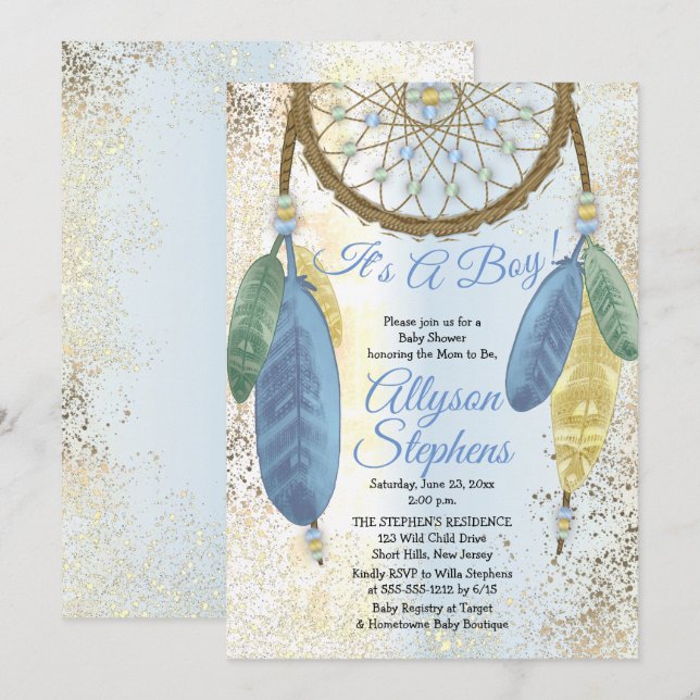 Blue Pastel Dreamcatcher It's A Boy Baby Shower Invitation (Front/Back)