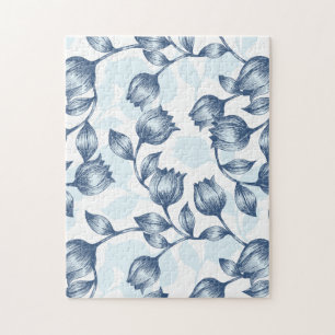 Blue Pastel Elegance: Tulip Silhouette Floral Patt Jigsaw Puzzle