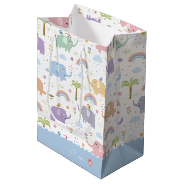 Blue Pastel Elephant Pattern for Little Boy Party Medium Gift Bag (Front Angled)