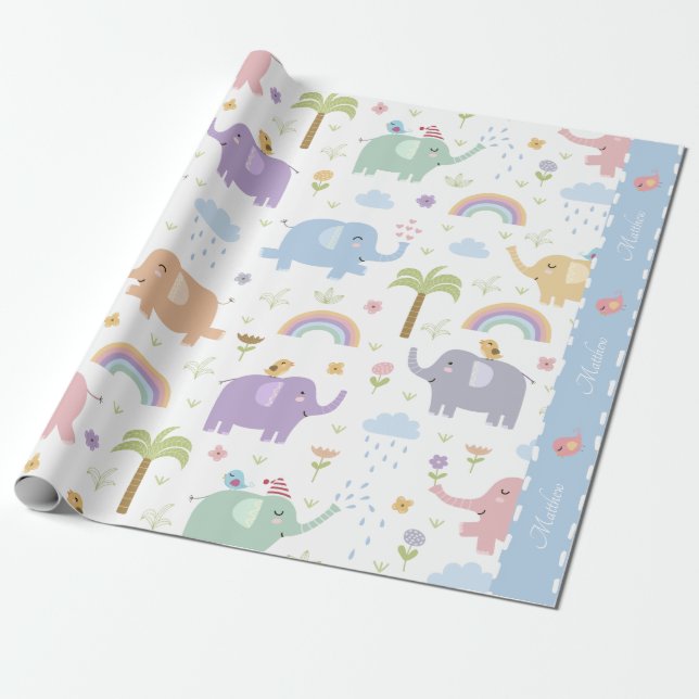 Blue Pastel Elephant Pattern for Little Boy Party Wrapping Paper (Unrolled)