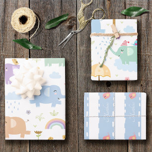 Blue Pastel Elephant Pattern for Little Boy Party Wrapping Paper Sheet
