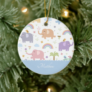 Blue Pastel Elephant Pattern Little Boy Christmas Ceramic Tree Decoration