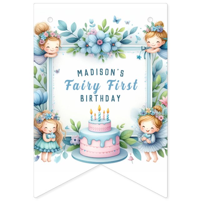 Blue Pastel Floral Fairy First Birthday - Bunting (First Flag)