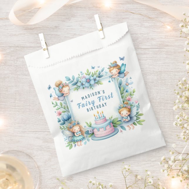 Blue Pastel Floral Fairy First Birthday - Favour Bags (Clipped)