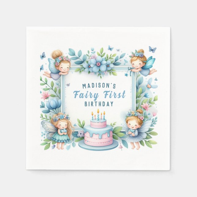 Blue Pastel Floral Fairy First Birthday - Napkin (Front)