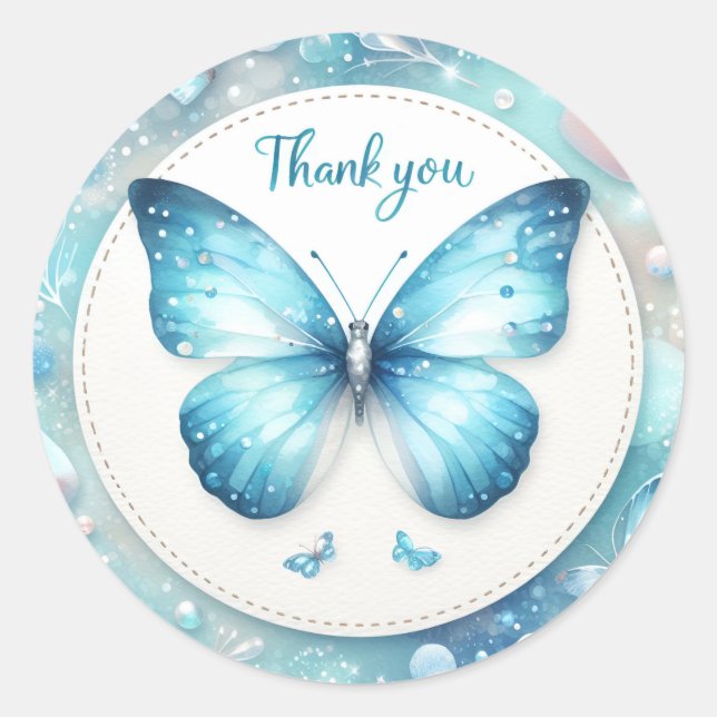Blue Pastel Glitter Butterfly - Thank you - Classic Round Sticker (Front)