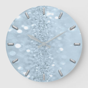 Blue Pastel Glitter Gray Metal Abstract Spark Large Clock