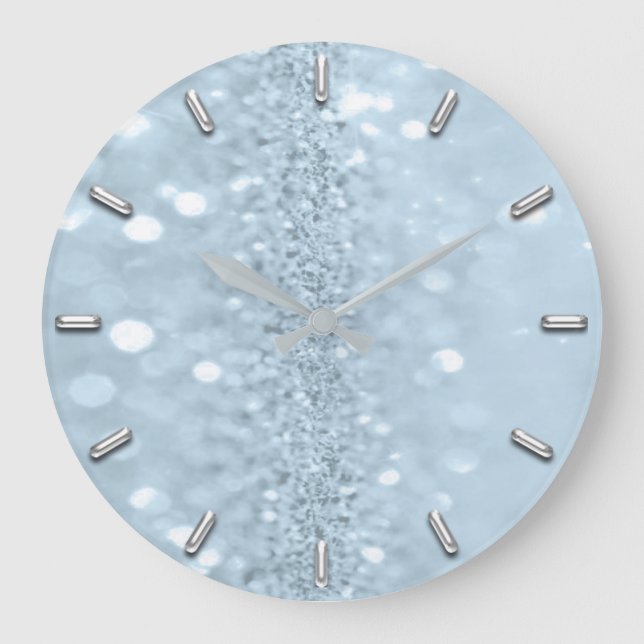 Blue Pastel Glitter Gray Metal Abstract Spark Large Clock (Front)