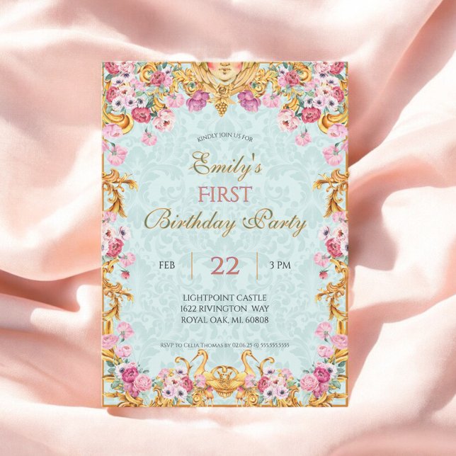 Blue Pastel Gold First Baroque Rococo Birthday Invitation (Creator Uploaded)