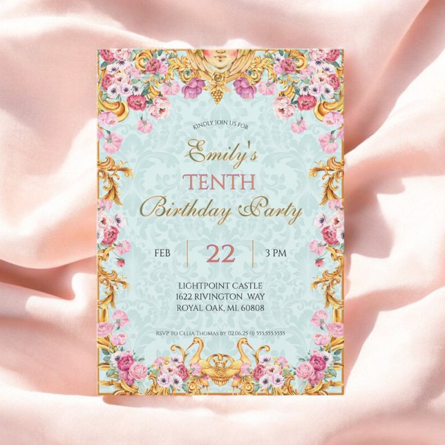 Blue Pastel Gold Tenth Baroque Rococo Birthday Invitation (Creator Uploaded)