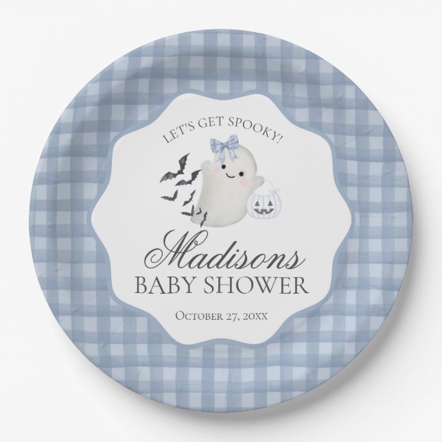 Blue Pastel Little Boo Ghost Baby Shower Dessert Paper Plate (Front)