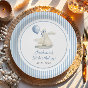 Blue Pastel Nautical Sail Boat 1st Birthday Paper Plate