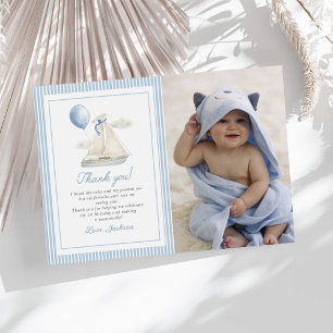 Blue Pastel Nautical Sail Boat 1st Birthday Photo Thank You Card