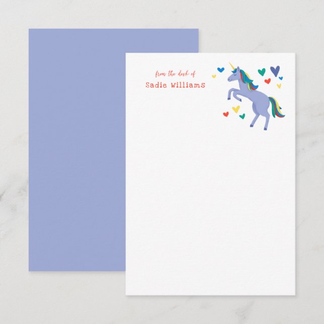 Blue Pastel Rainbow Unicorn Kids Personal Note Thank You Card (Front/Back)