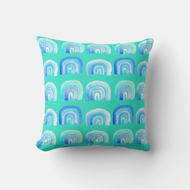 Blue Pastel retro rainbow Cushion (Front)