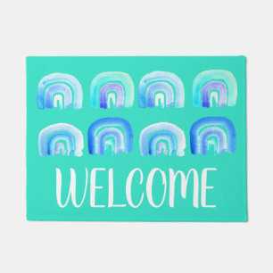 Blue Pastel retro rainbow Doormat