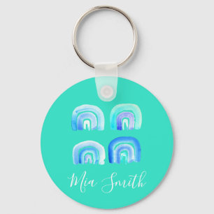 Blue Pastel retro rainbow Key Ring