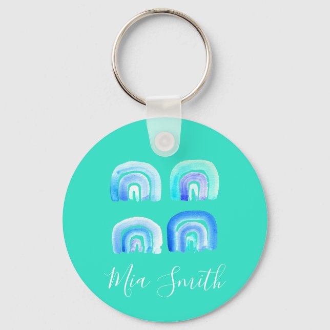 Blue Pastel retro rainbow Key Ring (Front)