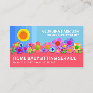 Blue Pastel Skies Smiling Sun Babysitting Flowers Business Card