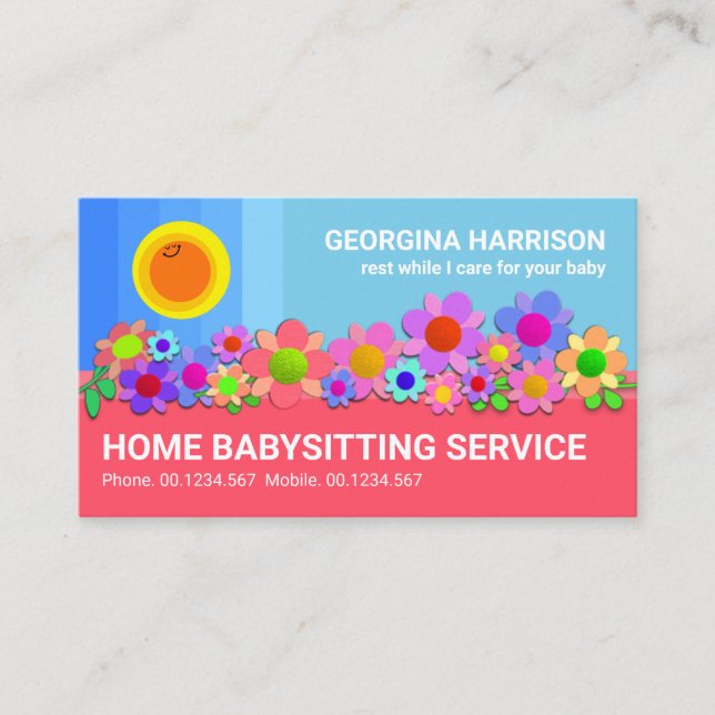 Blue Pastel Skies Smiling Sun Babysitting Flowers Business Card (Front)