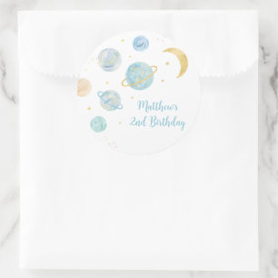 Blue Pastel Two the Moon Space Birthday Favour Classic Round Sticker