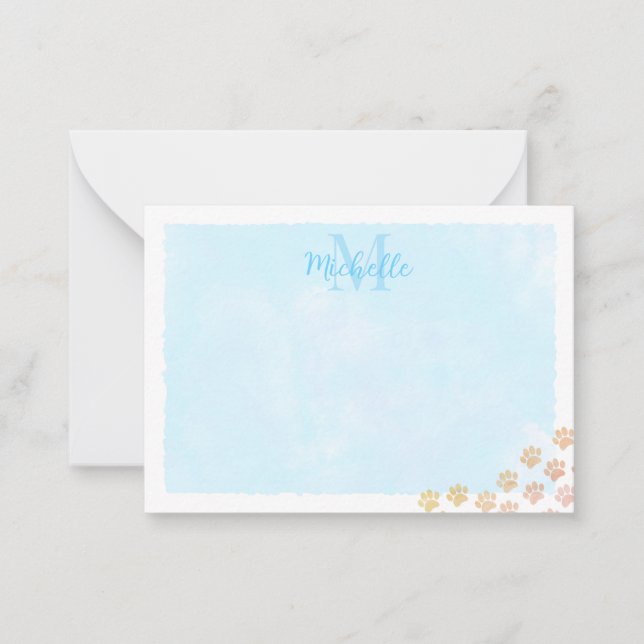 Blue Pastel Watercolor Dog Paw Monogram Card (Front)