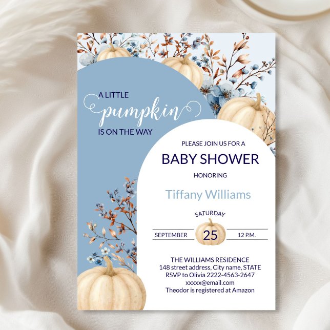 Blue Pastel Watercolor Pumpkin fall wild flowers Invitation (Blue Rustic Pumpkin Baby Shower Invitation | Neutral Fall Floral Autumn Theme)
