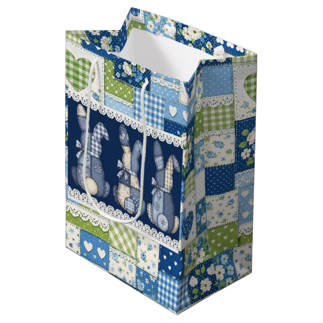 Blue Patchwork Bunnies  Medium Gift Bag (Front Angled)