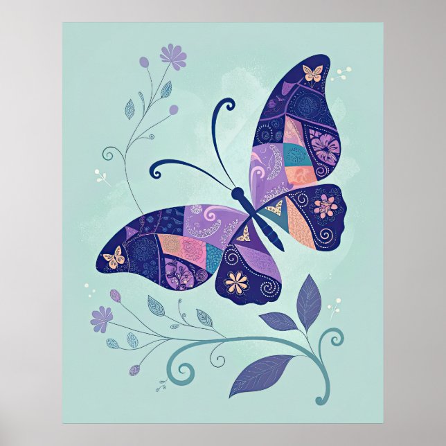 Blue Patchwork Butterfly Poster (Front)