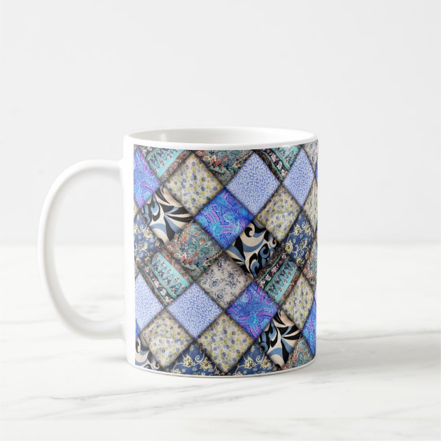 Blue Patchwork Look Quilt Pattern Coffee Mug (Left)